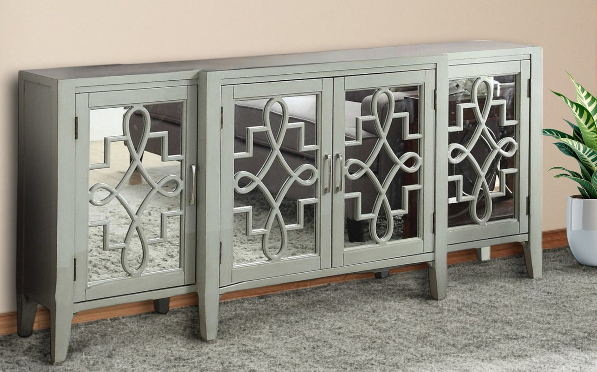 72" Gray And Silver Mirrored Wood Distressed Solid Console Table