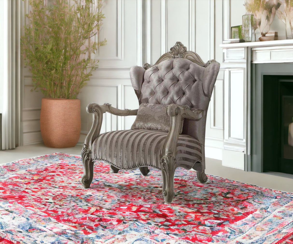 33" Ivory And Pearl Velvet Striped Tufted Chesterfield Chair