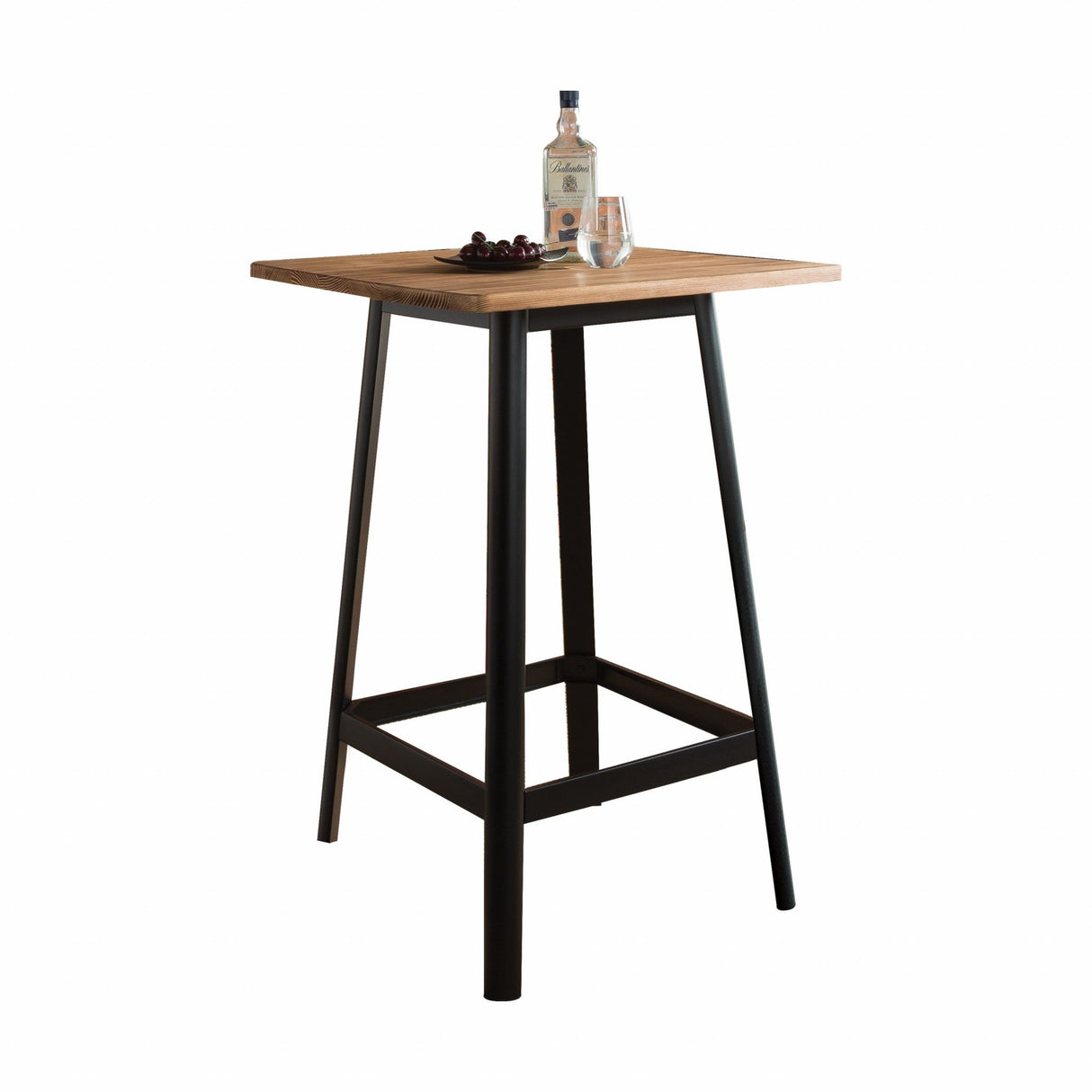 28" Natural and Black Square Solid Wood and Brass Bar Table