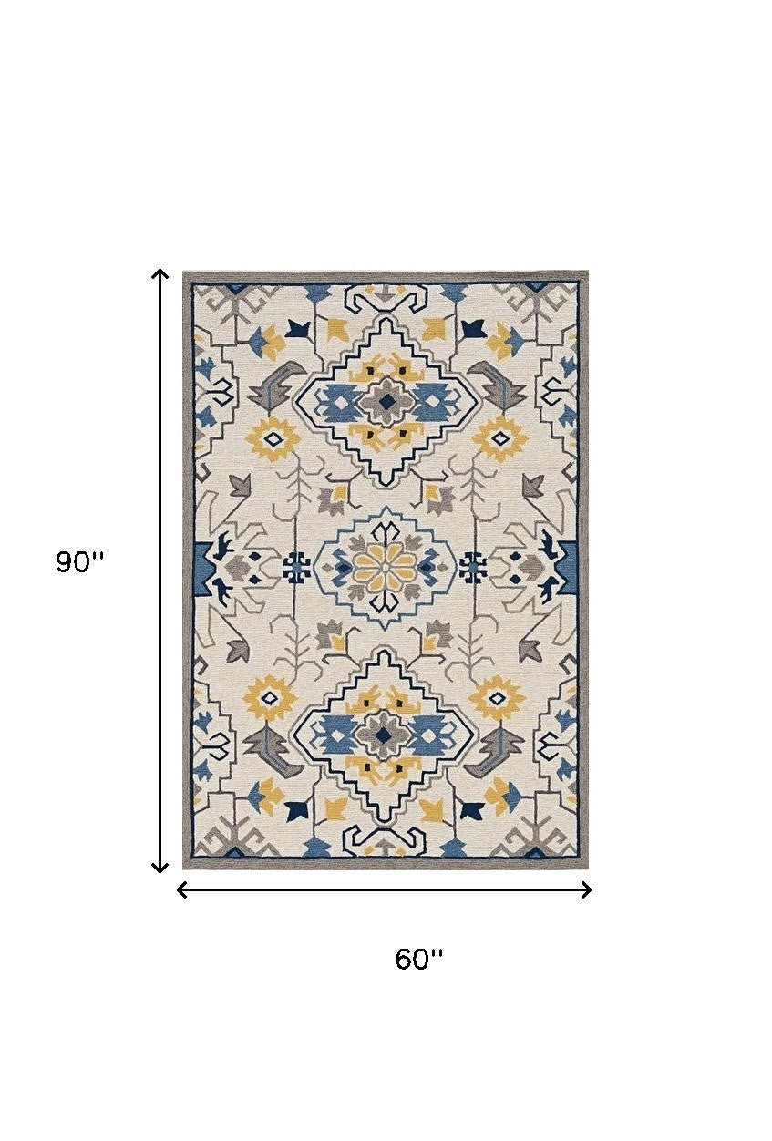 5' X 8' Ivory Abstract Handmade Indoor Outdoor Area Rug