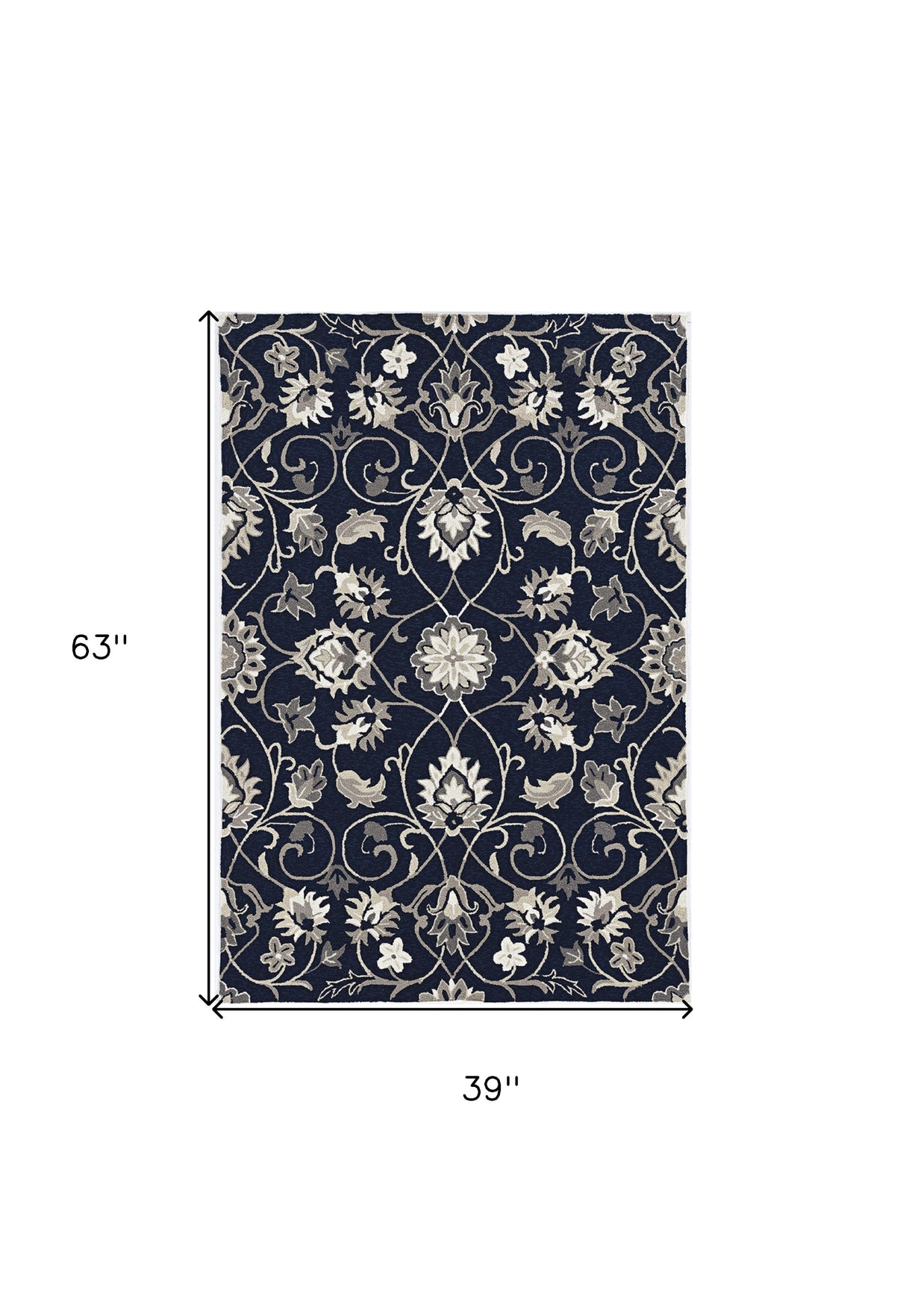 5' X 7' Navy Floral Vines Indoor Outdoor Area Rug