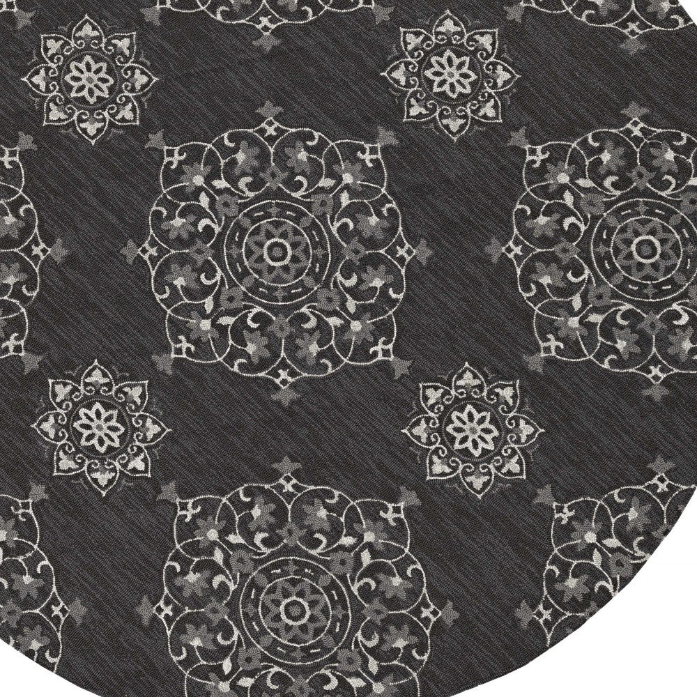 5' X 8' Charcoal Round Floral Handmade Indoor Outdoor Area Rug