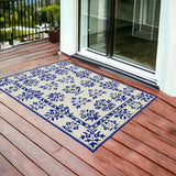 2' X 3' Blue Floral Handmade Indoor Outdoor Area Rug