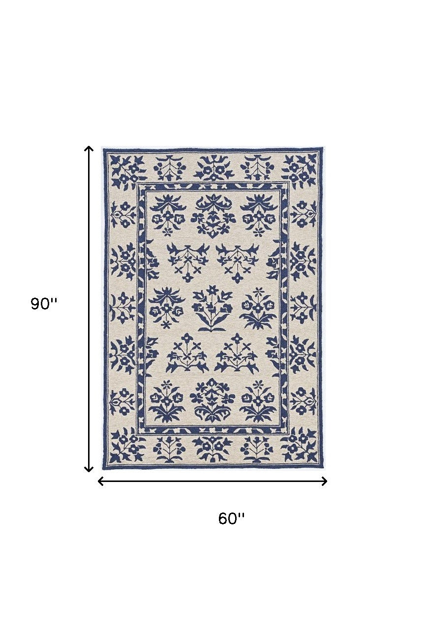 2' X 3' Blue Floral Handmade Indoor Outdoor Area Rug