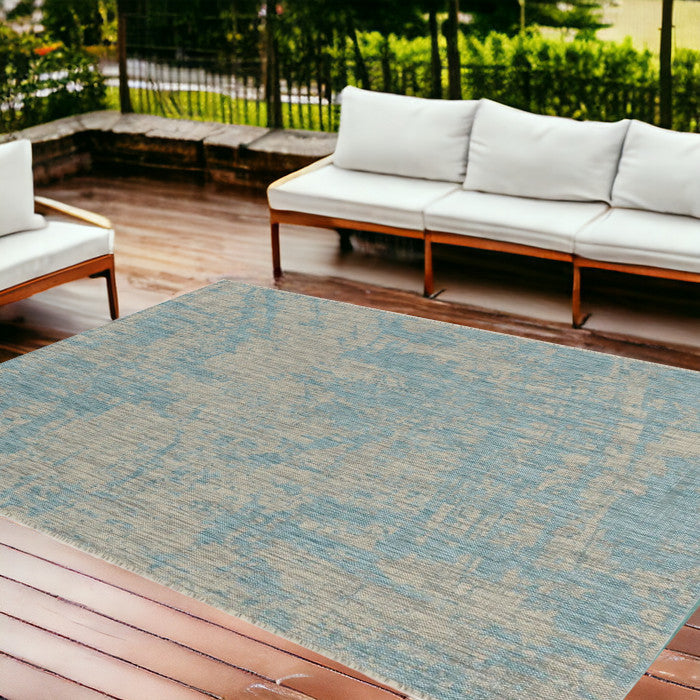 8' X 11' Teal Machine Woven Abstract Strokes Indoor Outdoor Area Rug