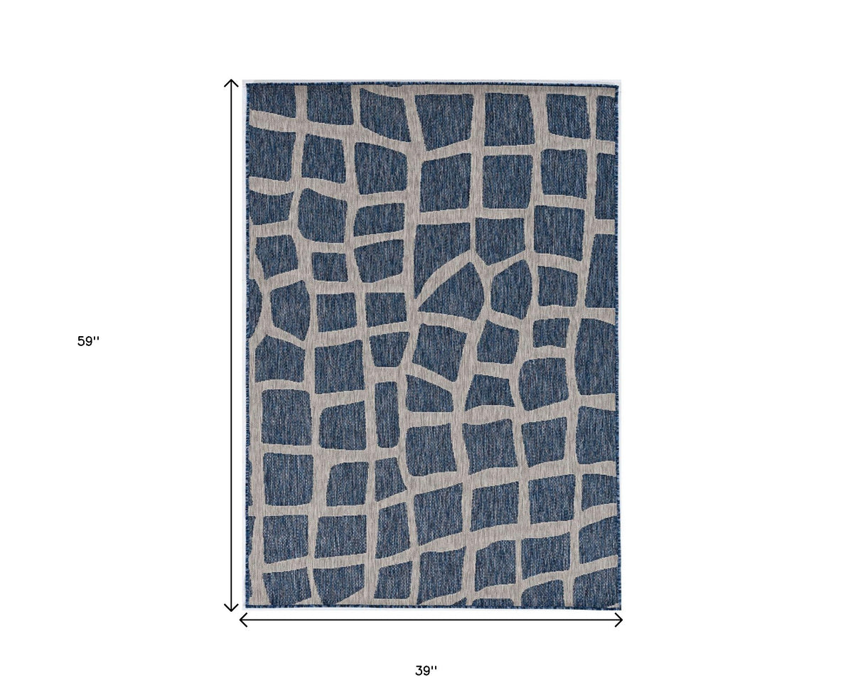 3' X 4' Blue and Gray Abstract Indoor Outdoor Area Rug