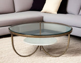 36" Brown And Gold Wood And Metal Round Coffee Table