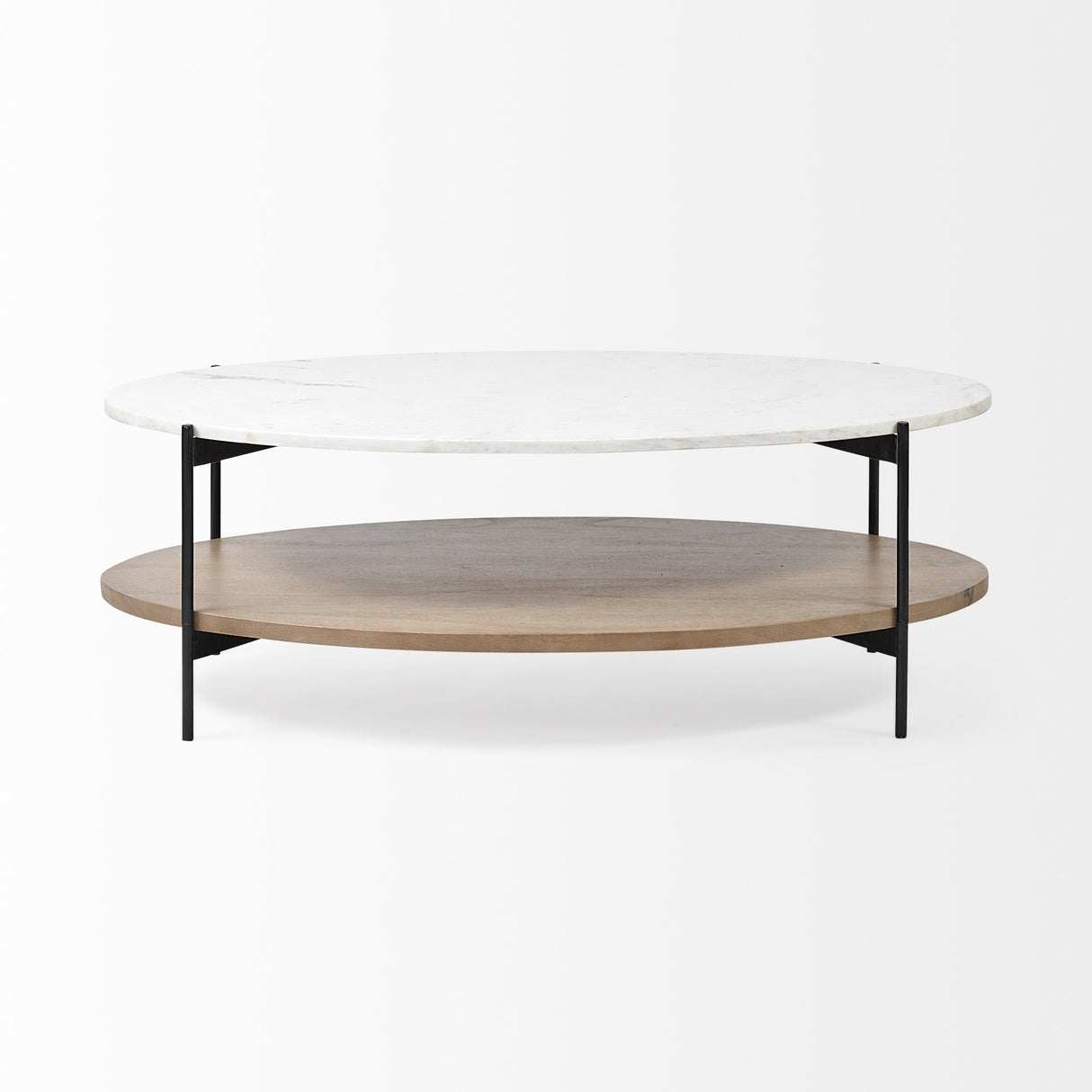 Oval White Marble Top And Black Metal Base Coffee Table W Wood Shelf