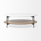 Oval White Marble Top And Black Metal Base Coffee Table W Wood Shelf