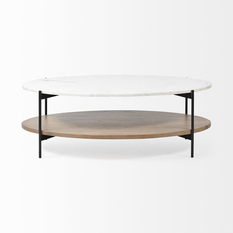 Oval White Marble Top And Black Metal Base Coffee Table W Wood Shelf