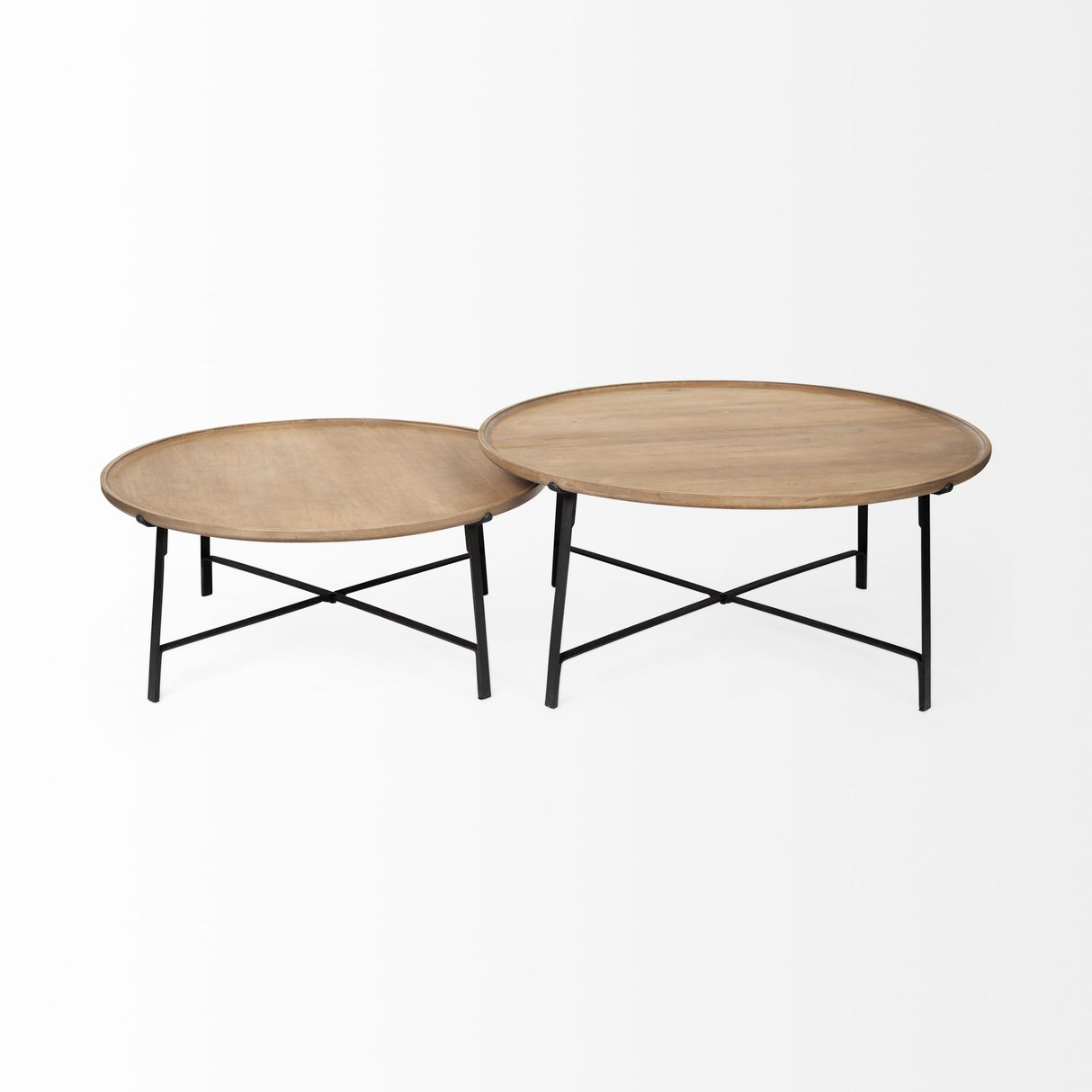 Set of Two 41" Brown And Black Solid Wood And Iron Round Nested Coffee Tables