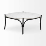 36" Round White Marble Top Black And Metal Base Coffee Table