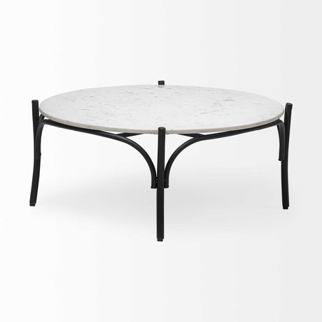 36" Round White Marble Top Black And Metal Base Coffee Table