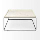 36" White And Black Genuine Marble And Metal Square Coffee Table