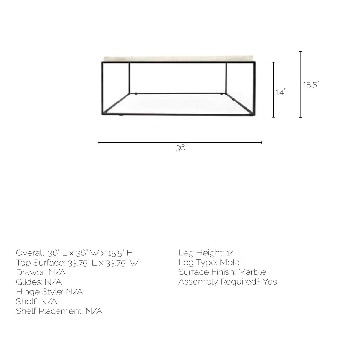 36" White And Black Genuine Marble And Metal Square Coffee Table