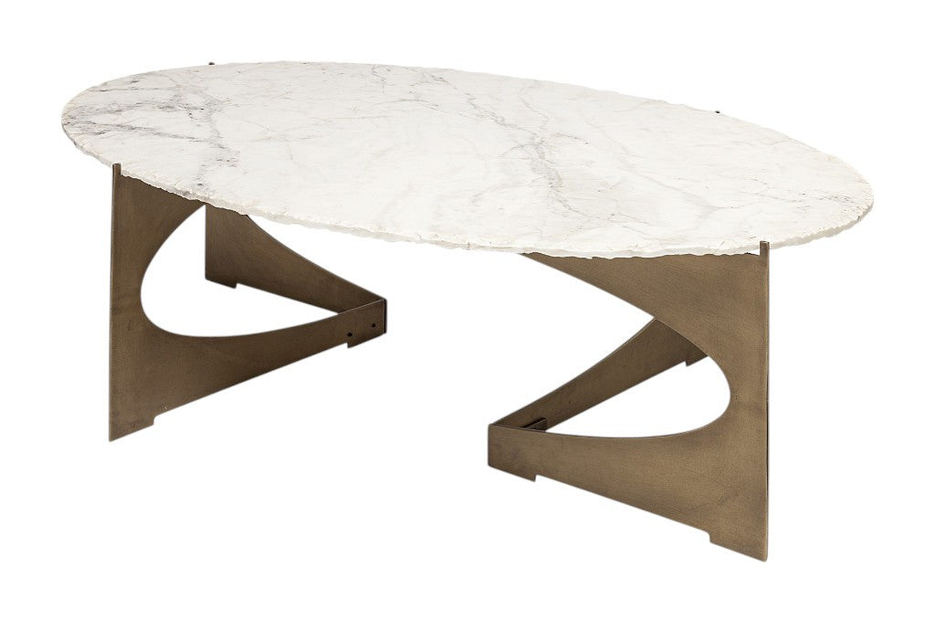 30" White And Gold Genuine Marble And Metal Oval Coffee Table