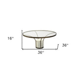 36" Clear And White and Gold Glass And Stone Round Coffee Table