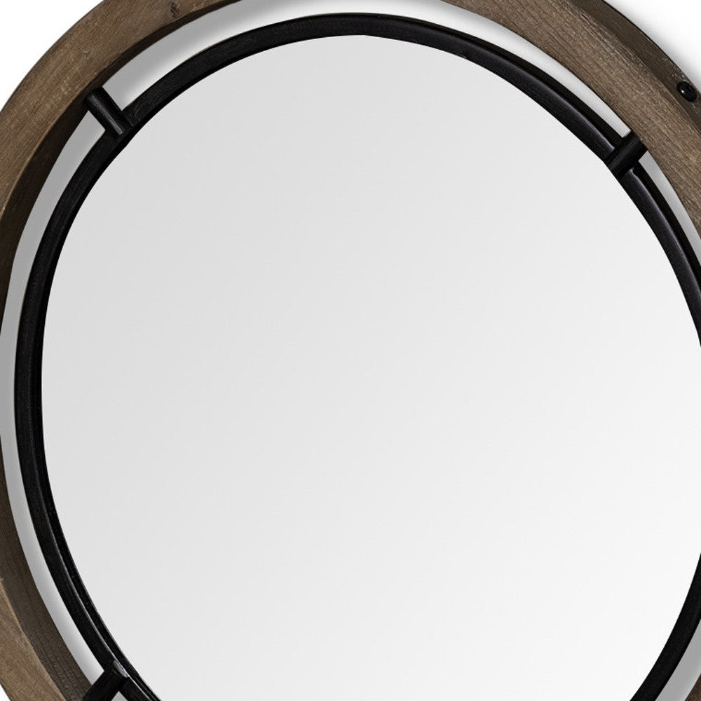 19" Brown Wood And Black Metal Frame Wall Mirror