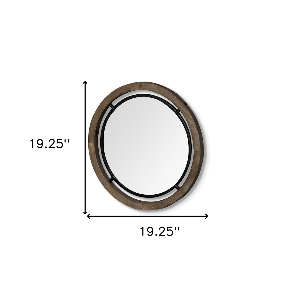 19" Brown Wood And Black Metal Frame Wall Mirror