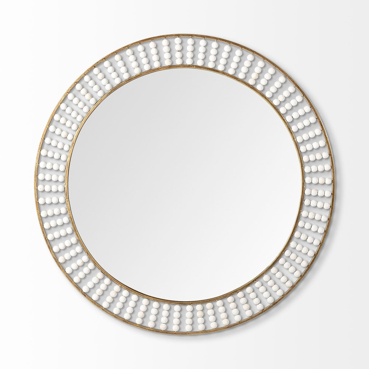 42" Round Gold Metal Frame Wall Mirror With White Wood Beads