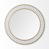 42" Round Gold Metal Frame Wall Mirror With White Wood Beads