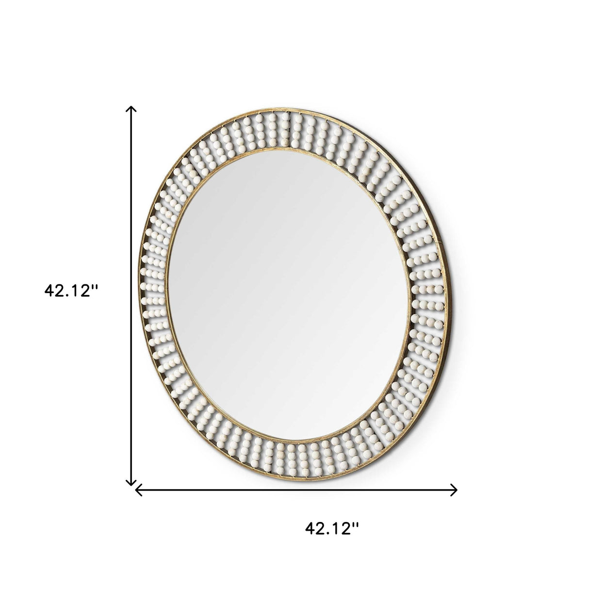 42" Round Gold Metal Frame Wall Mirror With White Wood Beads