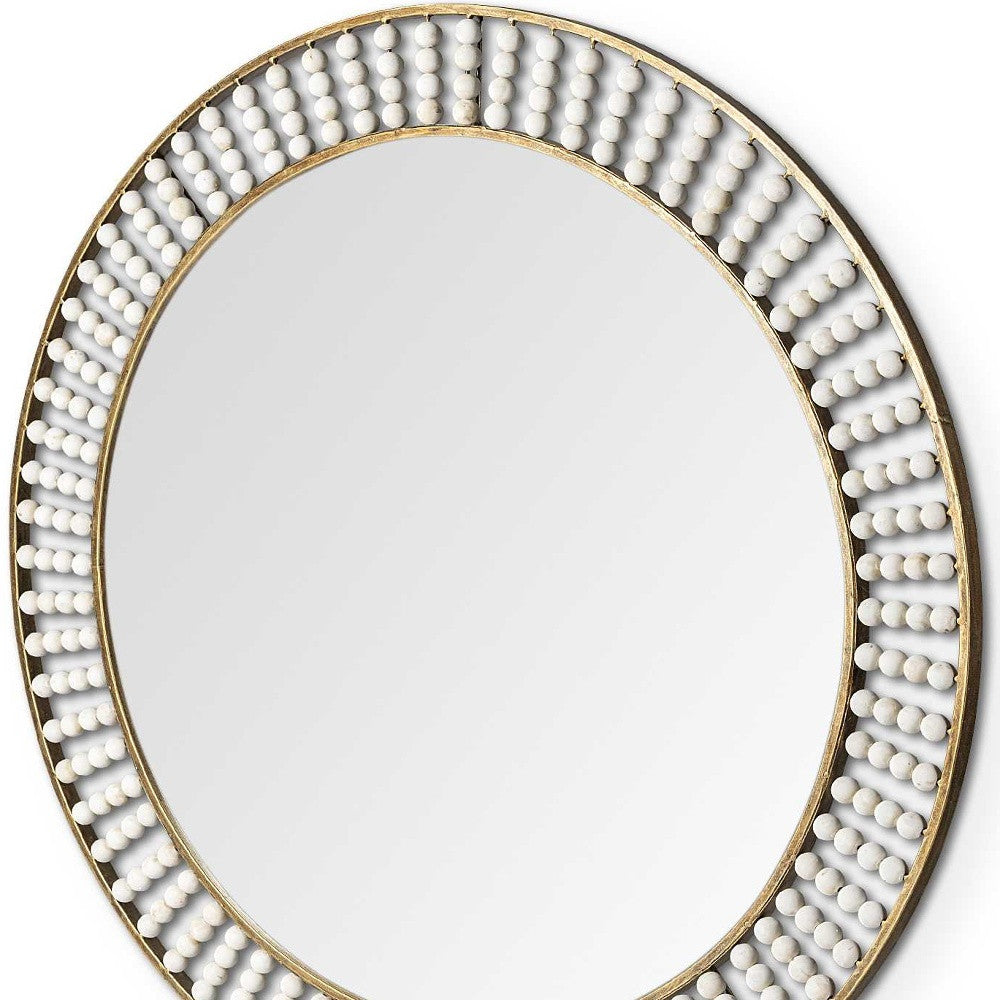 42" Round Gold Metal Frame Wall Mirror With White Wood Beads