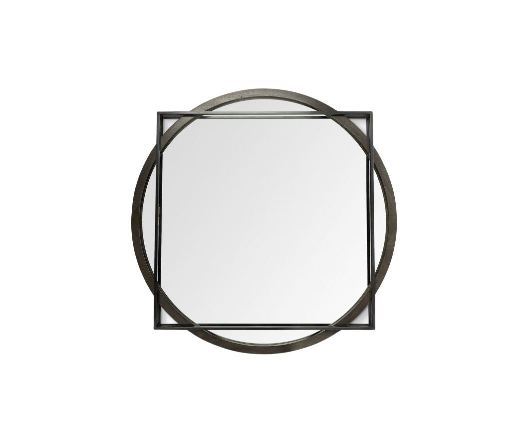 46" Round on Square Black Wood And Metal Frame Wall Mirror