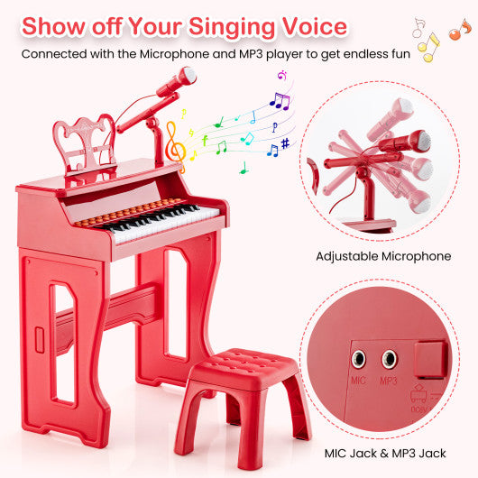 37 Keys Music Piano with Microphone Kids Piano Keyboard with Detachable Music Stand-Red