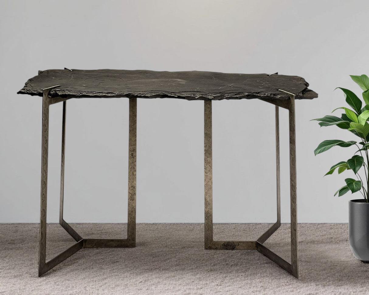 20" Black and Nickel Slate Distressed Double Pedestal Console Table