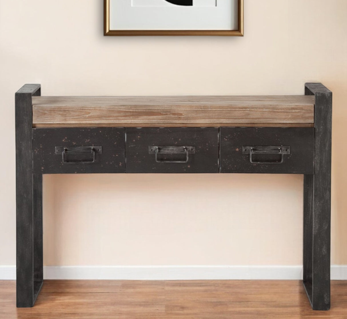 12" Brown and Black Solid Wood Sled Console Table And Drawers