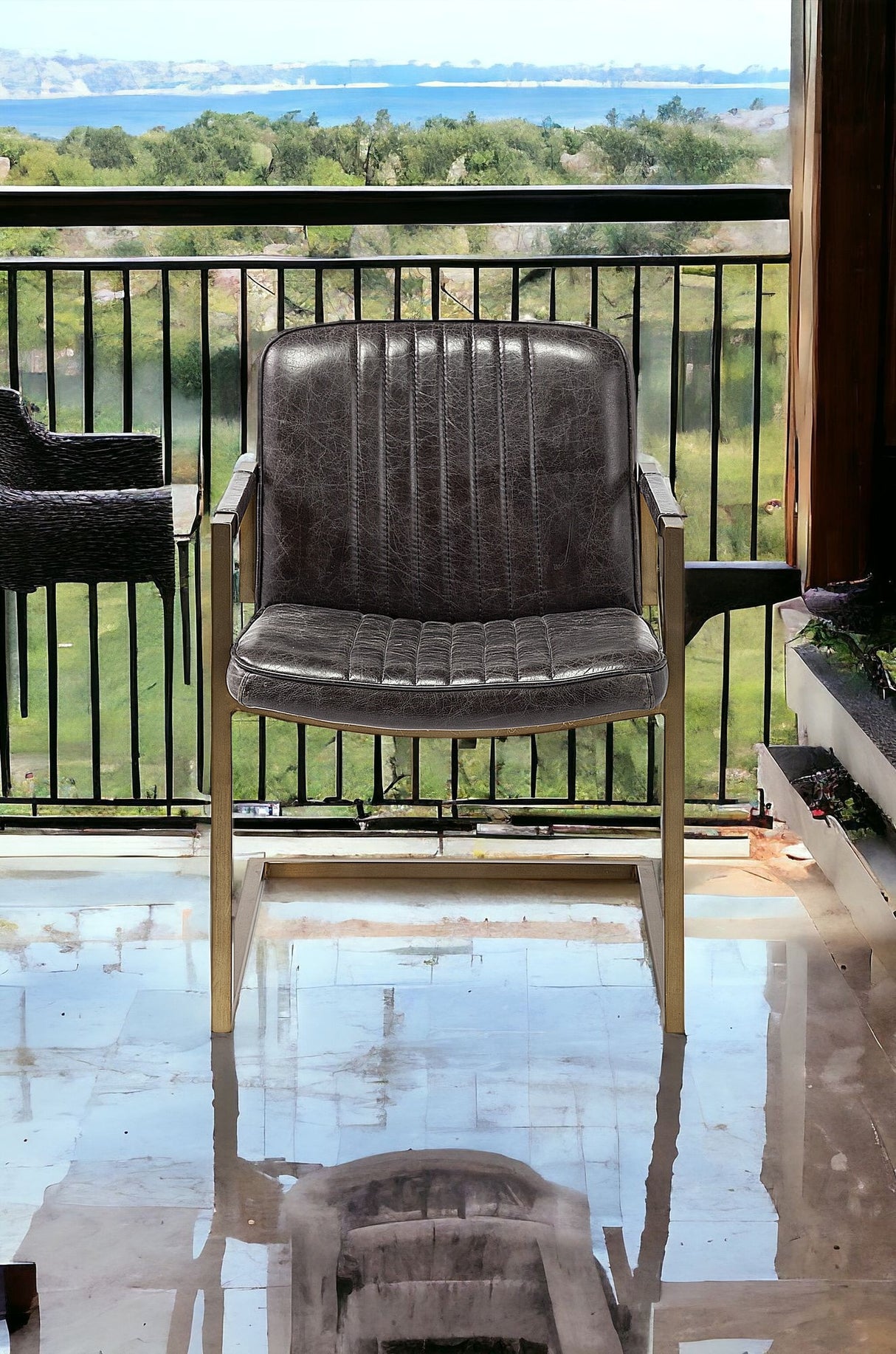 Black Leather Seat Accent Chair With Brass Frame