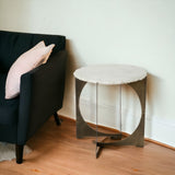 21" Brown And White Marble Round End Table