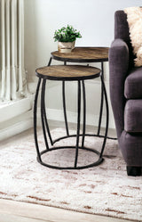 Set of Two 26" Black And Brown Solid Wood Round End Table