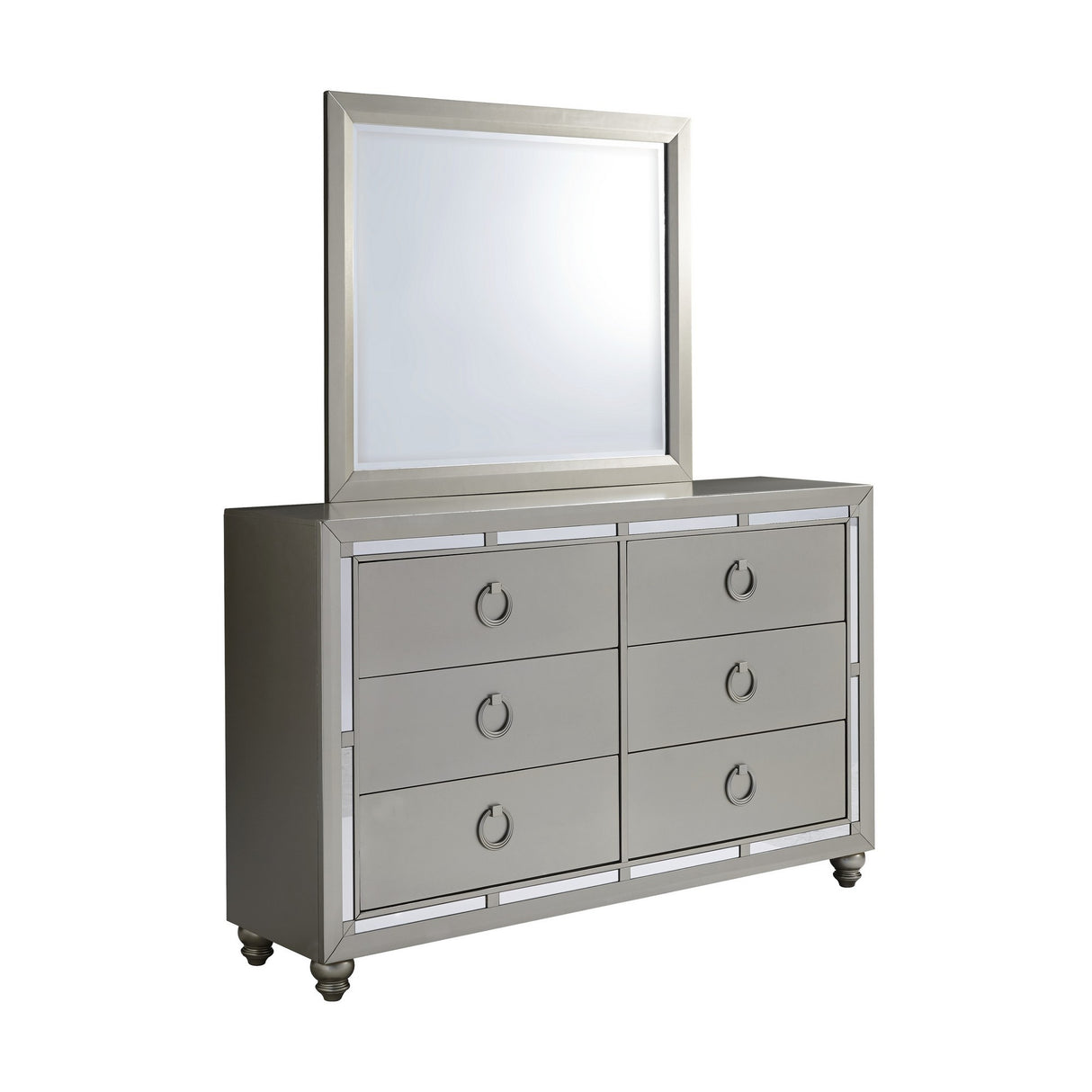 Modern Silver Tone Mirror With Sleek Wood Trim