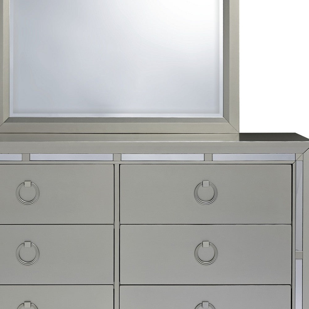 Modern Silver Tone Mirror With Sleek Wood Trim