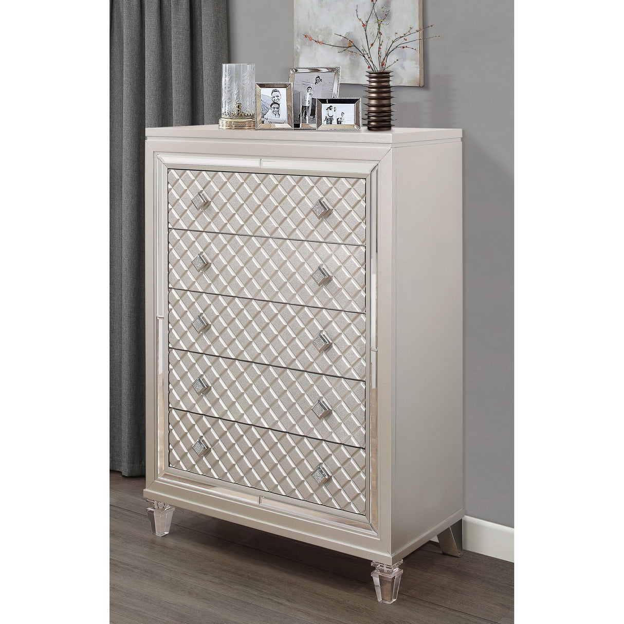 Champagne Toned Chest With Tapered Acrylic Legs And 5 Drawers