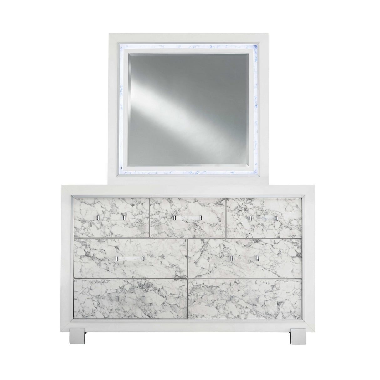 Modern White Mirror With Faux Marble Border Detail Led Lightning