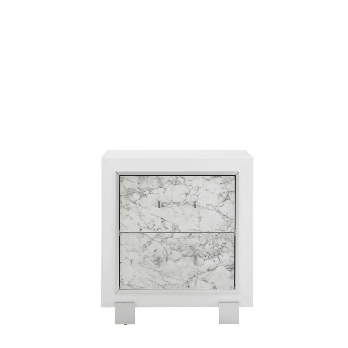 Modern White Nightstand With 2 Faux Marble Detailed Front Drawer.
