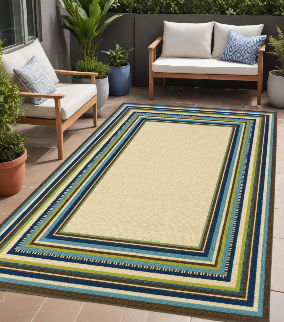 Ivory and Blue Striped Indoor Outdoor Area Rug