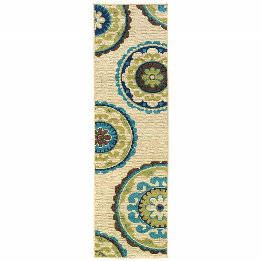 Green and Ivory Floral Indoor Outdoor Area Rug