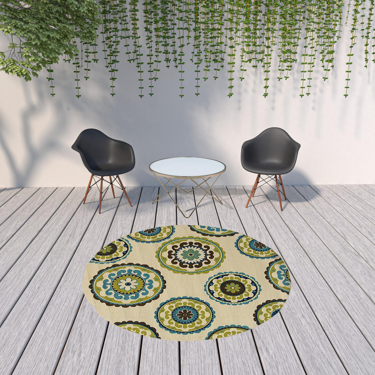 Green and Ivory Floral Indoor Outdoor Area Rug