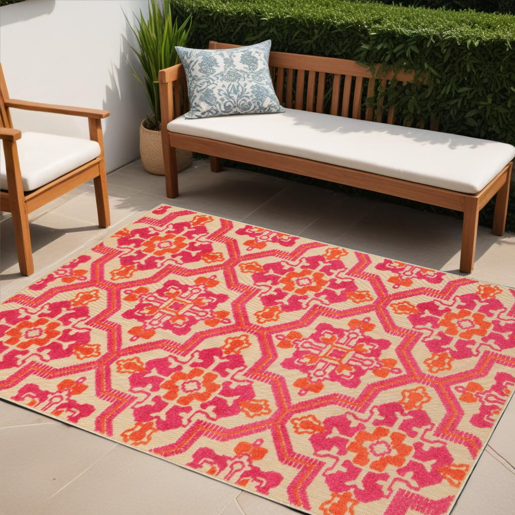 8' X 11' Pink and Orange Moroccan Indoor Outdoor Area Rug