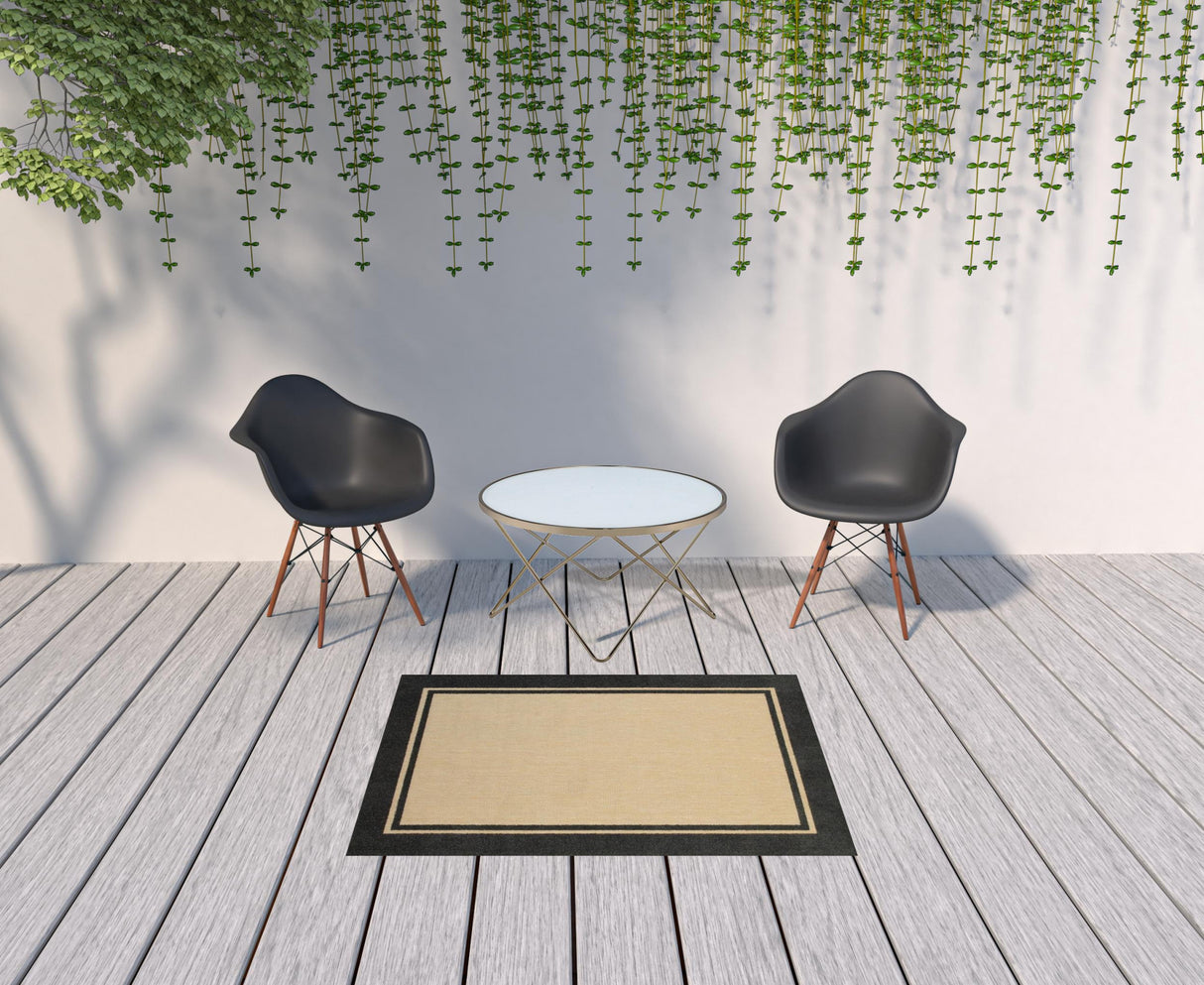 4' X 5' Beige and Black Indoor Outdoor Area Rug