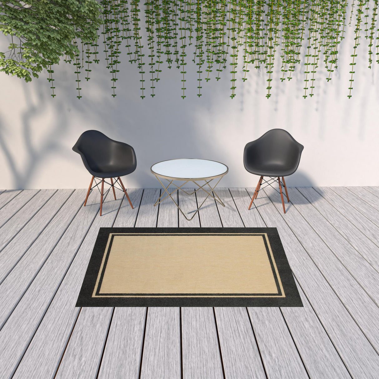 4' X 5' Beige and Black Indoor Outdoor Area Rug