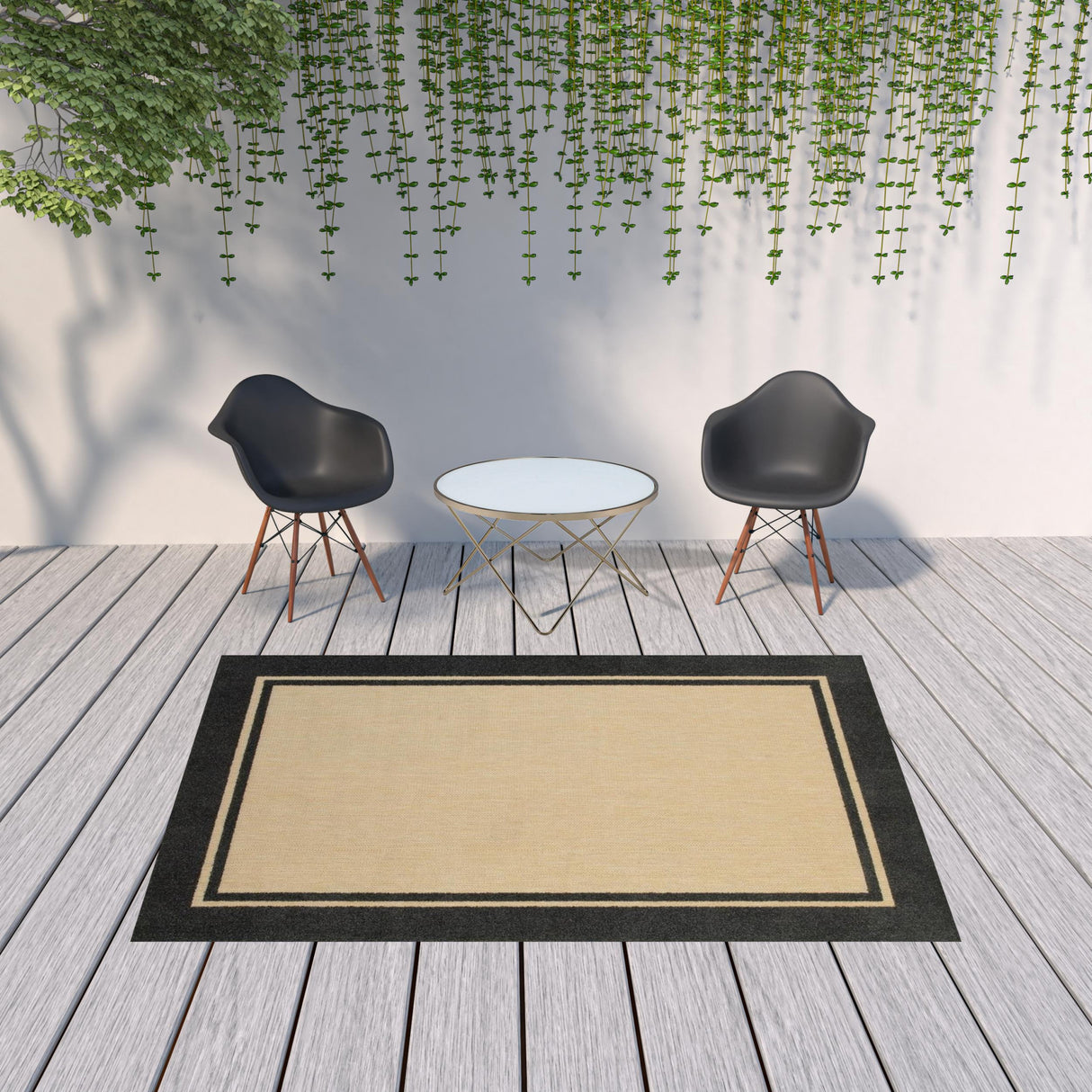 4' X 5' Beige and Black Indoor Outdoor Area Rug