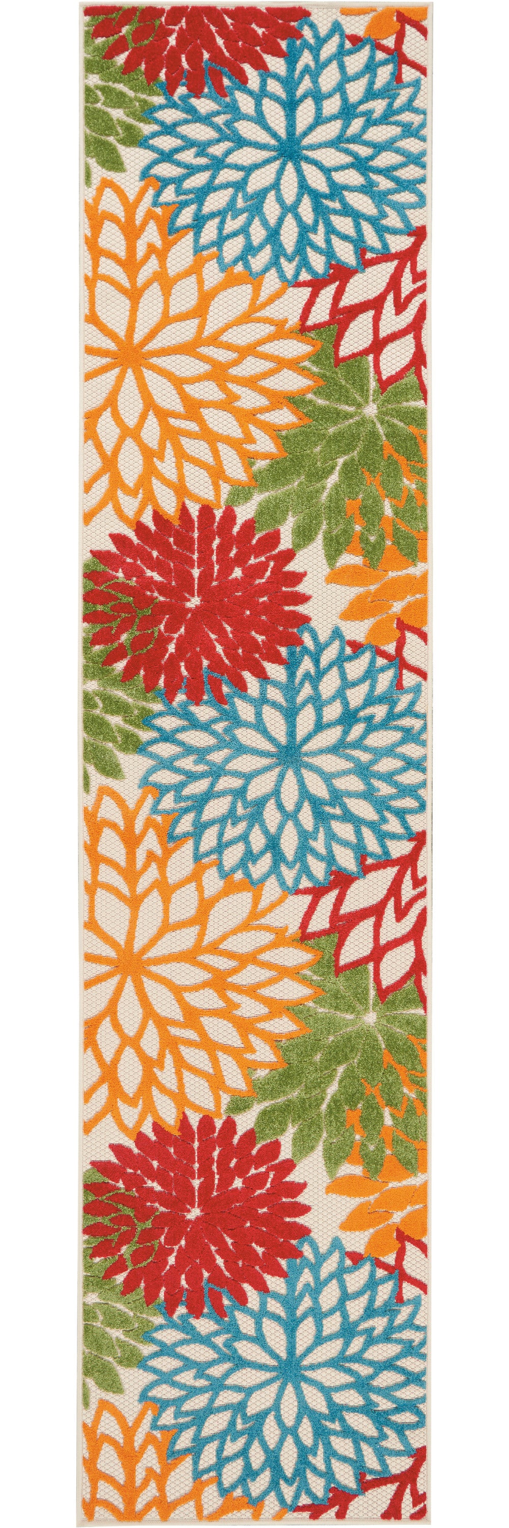 12' Runner Green And Ivory Floral Indoor Outdoor Runner Rug