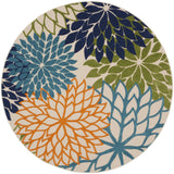 5' Round Ivory And Blue Round Floral Indoor Outdoor Area Rug