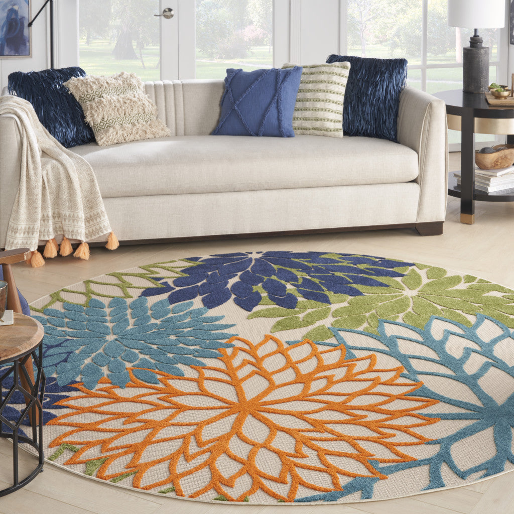 5' Round Ivory And Blue Round Floral Indoor Outdoor Area Rug