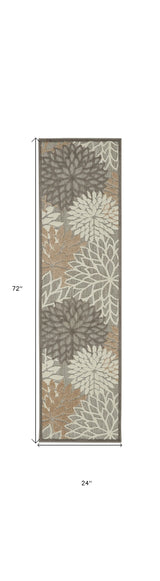 2' X 10' Gray And Ivory Floral Indoor Outdoor Area Rug